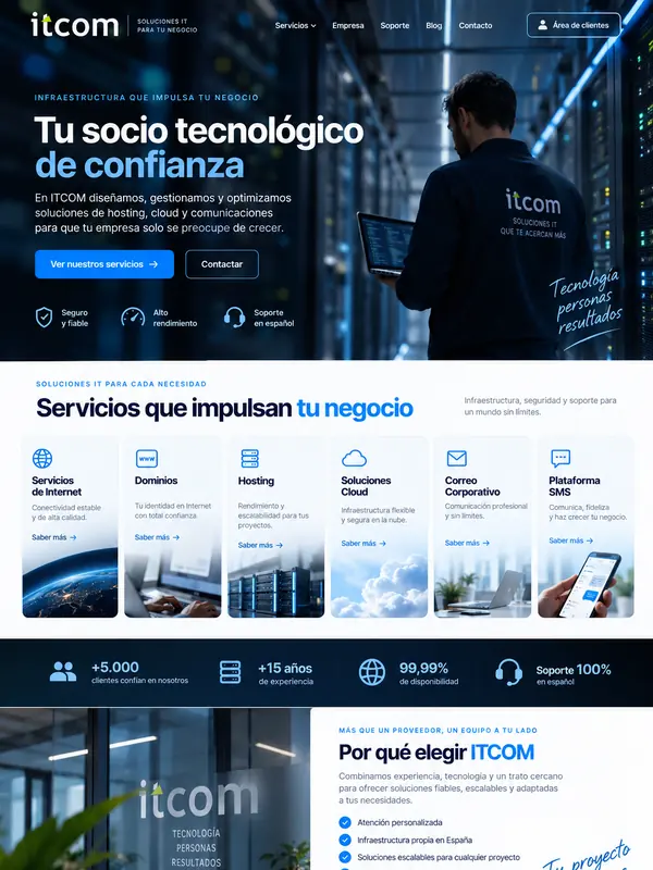 Concepto de la nueva web de ITCOM: hero oscuro, tarjetas de servicios y cifras
