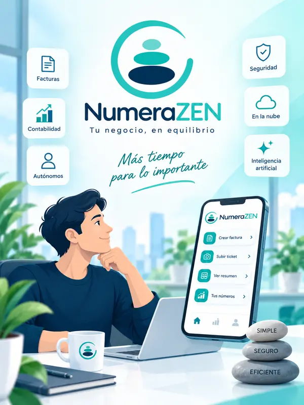 Pieza de diseño de NumeraZen: fondo claro, tarjetas con iconos y una ilustración