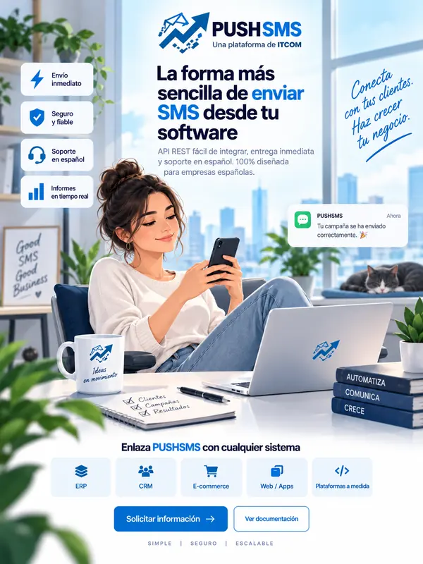 Pieza de diseño de PushSMS: titular en azul, ventajas y llamada a la acción